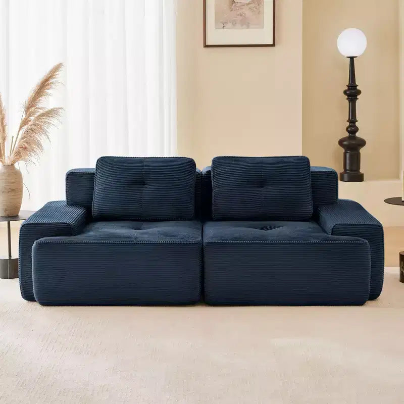 Divano componibile moderno a L 2 posti 82, in velluto a coste color cammello, con profili perlati e design trapuntato, nessun montaggio richiesto