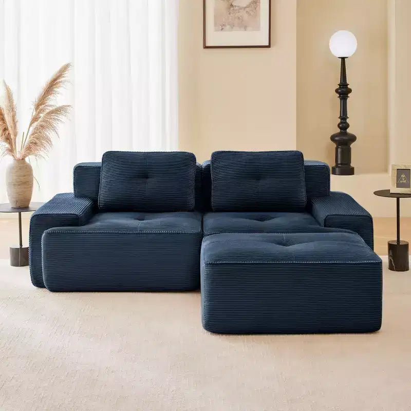 Divano sezionale modulare a 2 posti a forma di L da 208 cm, moderno, in tessuto a coste color cammello, con profili a perla, per soggiorno