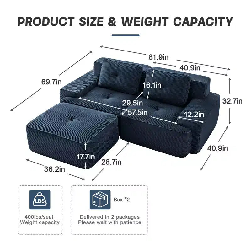 Divano sezionale modulare a 2 posti a forma di L da 208 cm, moderno, in tessuto a coste color cammello, con profili a perla, per soggiorno