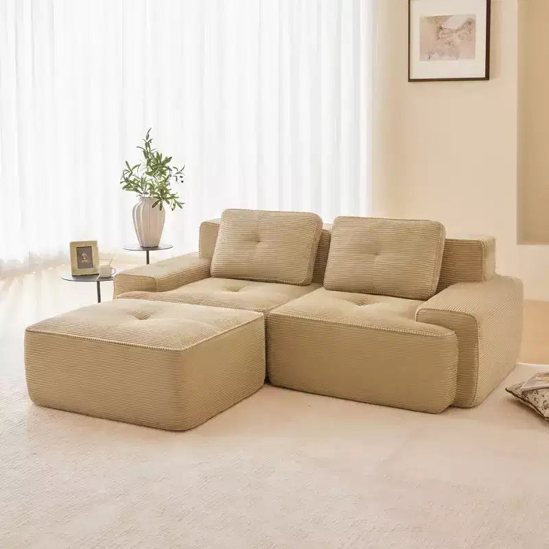 Divano sezionale modulare a 2 posti a forma di L da 208 cm, moderno, in tessuto a coste color cammello, con profili a perla, per soggiorno