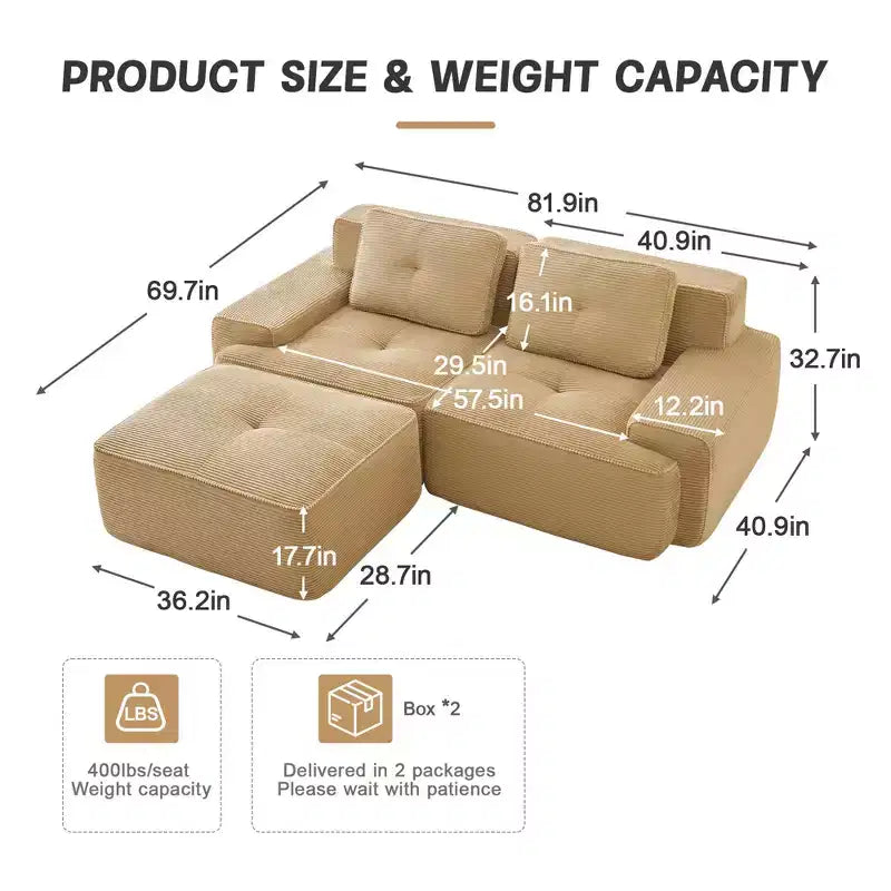 Divano sezionale modulare a 2 posti a forma di L da 208 cm, moderno, in tessuto a coste color cammello, con profili a perla, per soggiorno