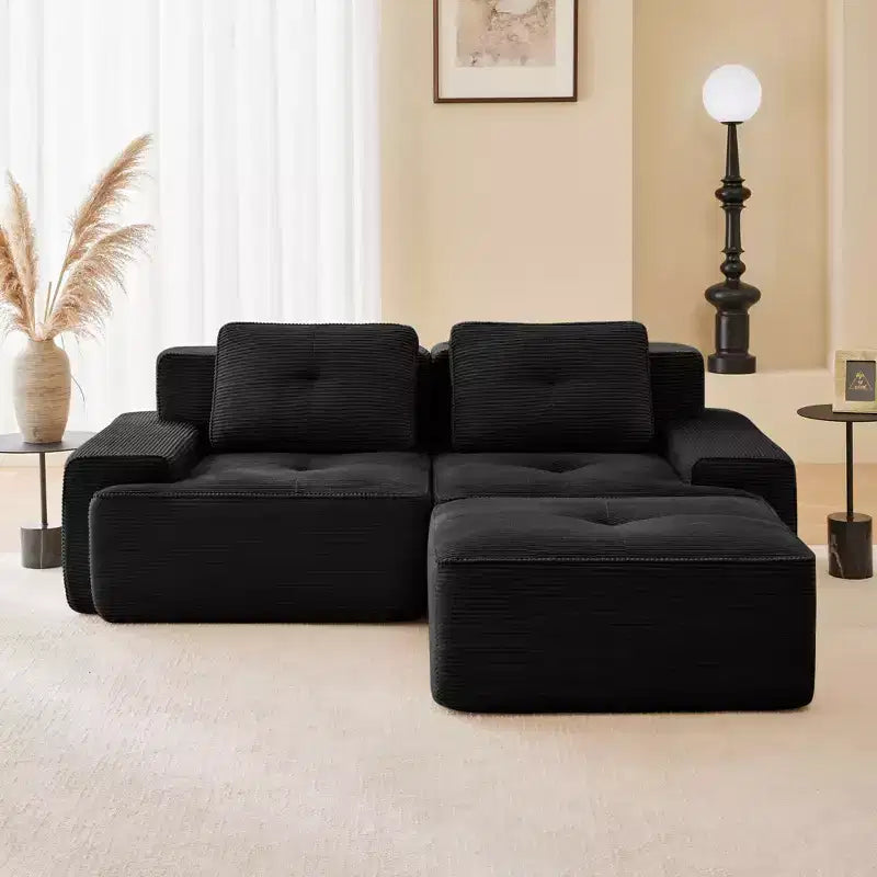 Divano sezionale modulare a 2 posti a forma di L da 208 cm, moderno, in tessuto a coste color cammello, con profili a perla, per soggiorno