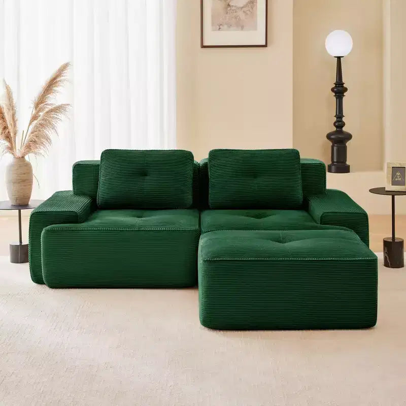 Divano sezionale modulare a 2 posti a forma di L da 208 cm, moderno, in tessuto a coste color cammello, con profili a perla, per soggiorno