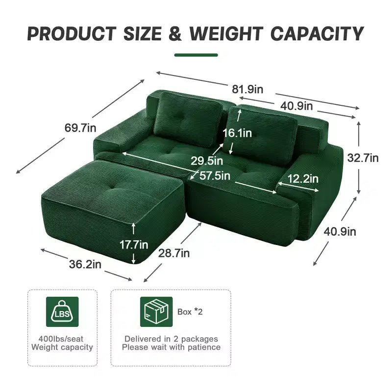 Divano sezionale modulare a 2 posti a forma di L da 208 cm, moderno, in tessuto a coste color cammello, con profili a perla, per soggiorno