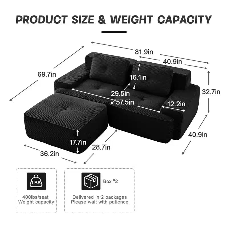 Divano sezionale modulare a 2 posti a forma di L da 208 cm, moderno, in tessuto a coste color cammello, con profili a perla, per soggiorno