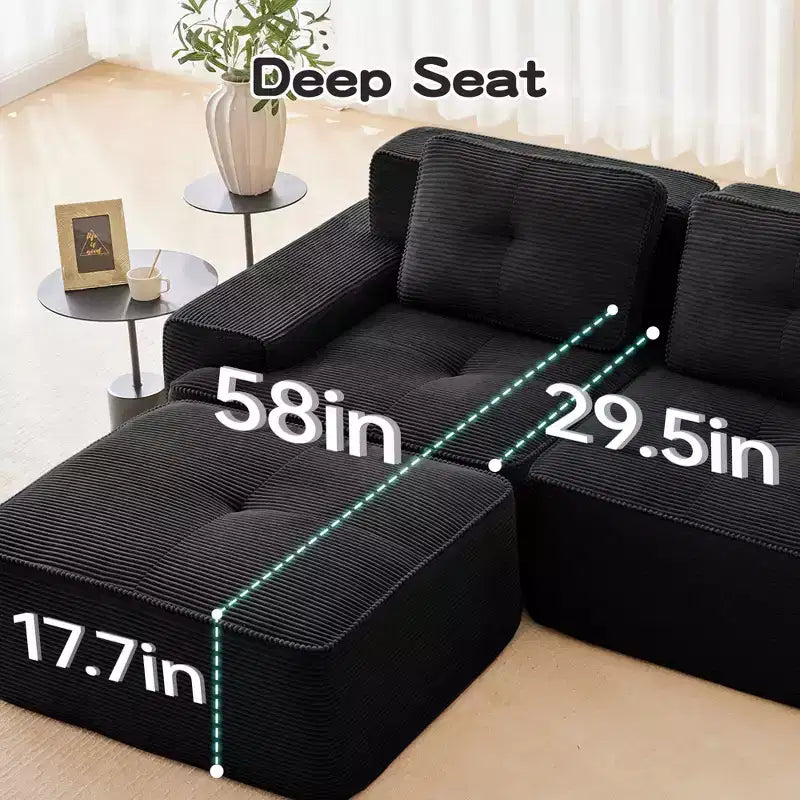 Divano sezionale modulare a 2 posti a forma di L da 208 cm, moderno, in tessuto a coste color cammello, con profili a perla, per soggiorno