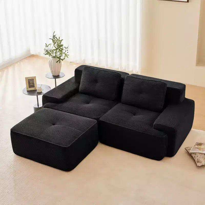 Divano sezionale modulare a 2 posti a forma di L da 208 cm, moderno, in tessuto a coste color cammello, con profili a perla, per soggiorno