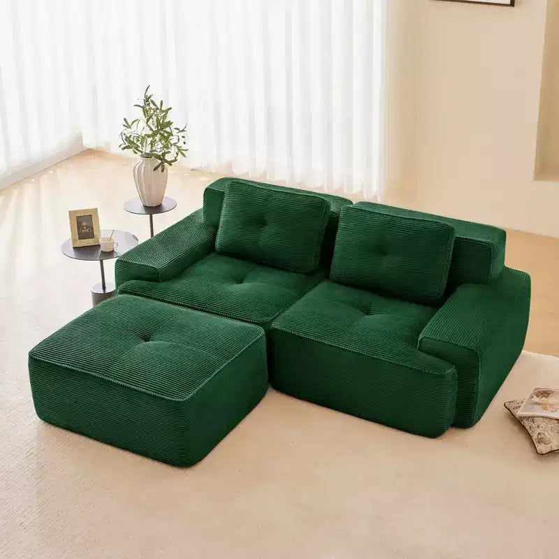 Divano sezionale modulare a 2 posti a forma di L da 208 cm, moderno, in tessuto a coste color cammello, con profili a perla, per soggiorno