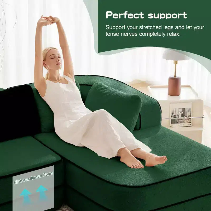 106 Divano Senza Struttura in Tessuto Teddy 32D, design a colori a contrasto, Divano Morbido e Comodo con Chaise Longue a L, per Soggiorno, Bianco