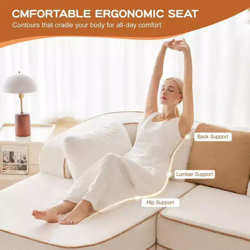 106 Divano Senza Struttura in Tessuto Teddy 32D, design a colori a contrasto, Divano Morbido e Comodo con Chaise Longue a L, per Soggiorno, Bianco