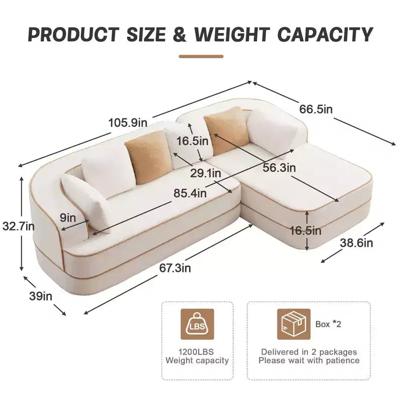 106 Divano Senza Struttura in Tessuto Teddy 32D, design a colori a contrasto, Divano Morbido e Comodo con Chaise Longue a L, per Soggiorno, Bianco
