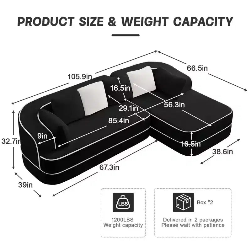 106 Divano Senza Struttura in Tessuto Teddy 32D, design a colori a contrasto, Divano Morbido e Comodo con Chaise Longue a L, per Soggiorno, Bianco