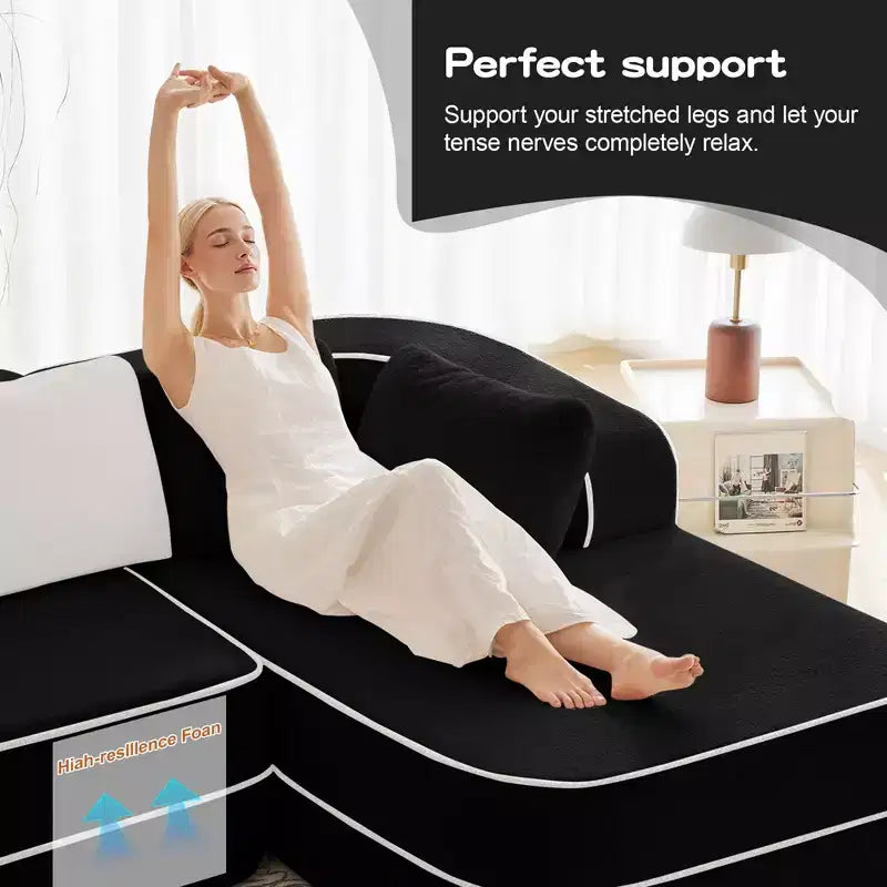 106 Divano Senza Struttura in Tessuto Teddy 32D, design a colori a contrasto, Divano Morbido e Comodo con Chaise Longue a L, per Soggiorno, Bianco
