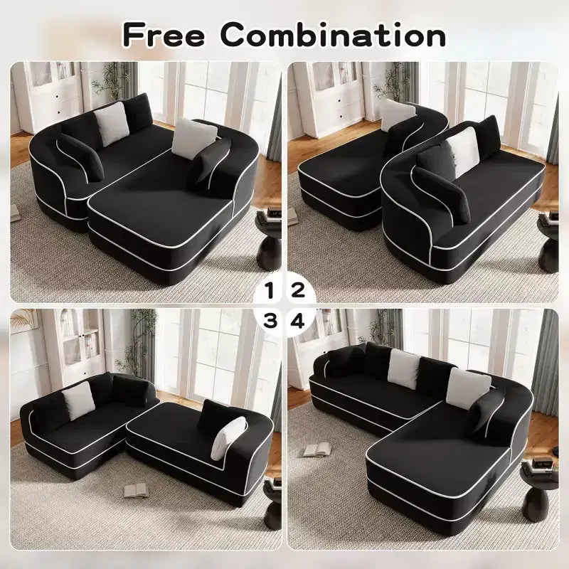 106 Divano Senza Struttura in Tessuto Teddy 32D, design a colori a contrasto, Divano Morbido e Comodo con Chaise Longue a L, per Soggiorno, Bianco