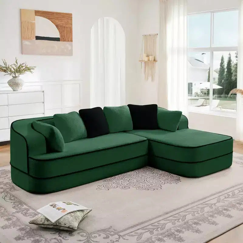 106 Divano Senza Struttura in Tessuto Teddy 32D, design a colori a contrasto, Divano Morbido e Comodo con Chaise Longue a L, per Soggiorno, Bianco