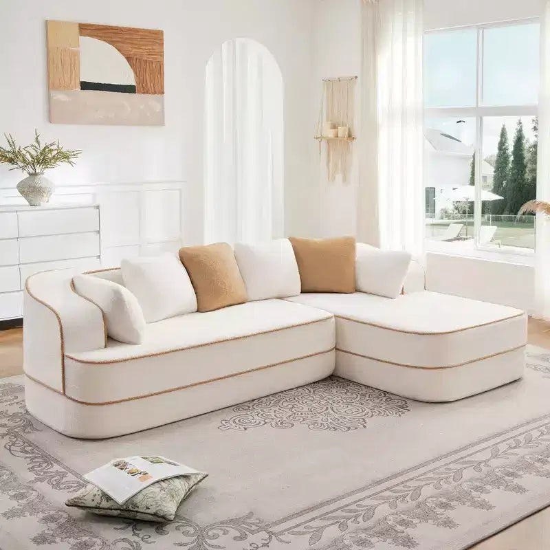 106 Divano Senza Struttura in Tessuto Teddy 32D, design a colori a contrasto, Divano Morbido e Comodo con Chaise Longue a L, per Soggiorno, Bianco