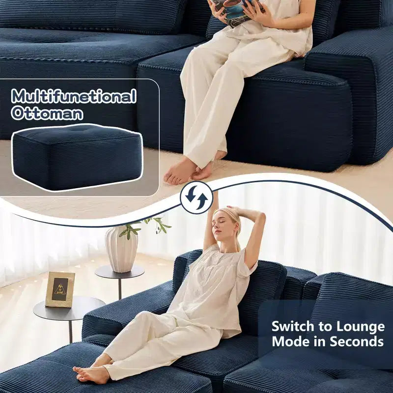 Divano componibile moderno 153 per soggiorno, tessuto in velluto a coste, divano a 4 posti con seduta profonda, nessun assemblaggio richiesto, color cammello