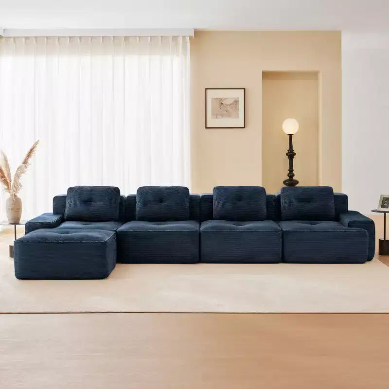 153 Moderno divano componibile a L per soggiorno, tessuto in velluto a coste, divano a 4 posti con seduta profonda e pouf mobile, cammello