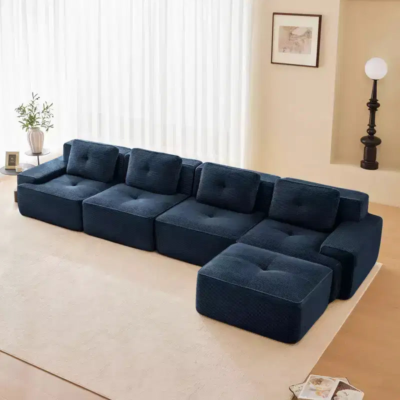 153 Moderno divano componibile a L per soggiorno, tessuto in velluto a coste, divano a 4 posti con seduta profonda e pouf mobile, cammello