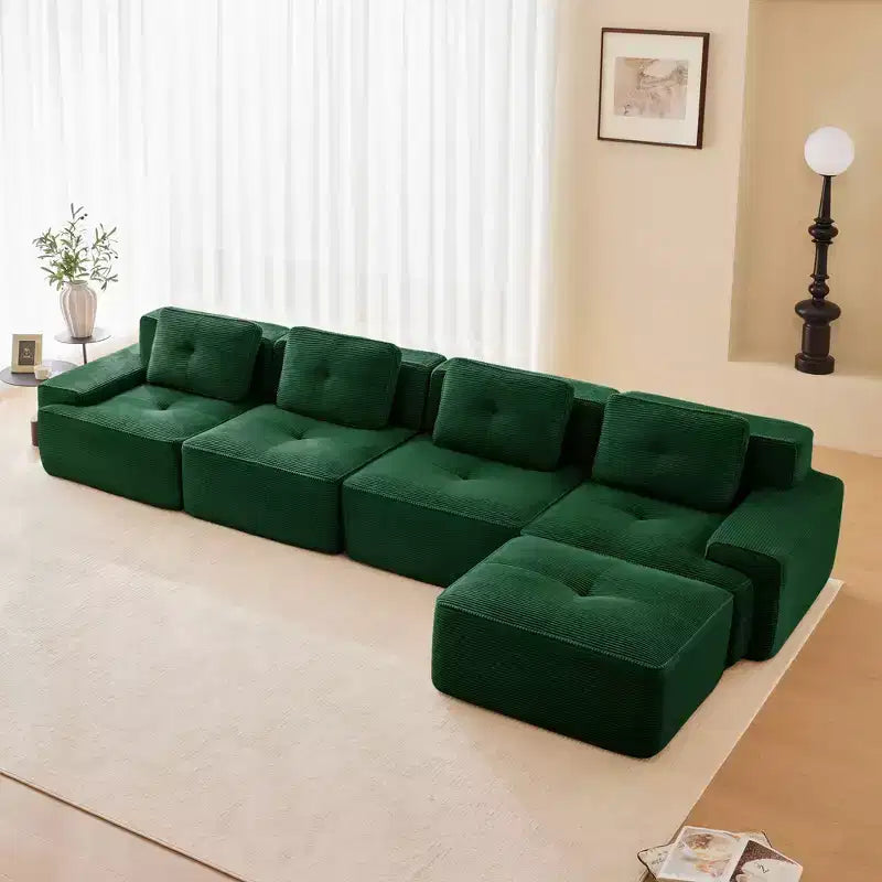 153 Moderno divano componibile a L per soggiorno, tessuto in velluto a coste, divano a 4 posti con seduta profonda e pouf mobile, cammello