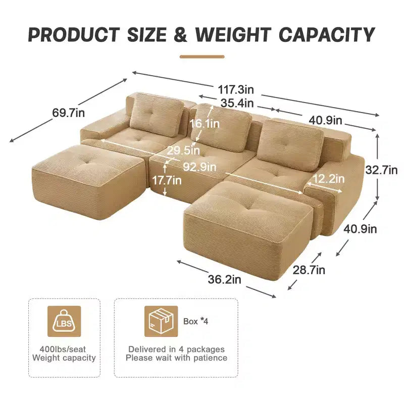 Divano modulare a U moderno 117 in tessuto a coste per soggiorno, divano a 3 posti con seduta profonda e 2 pouf, color cammello