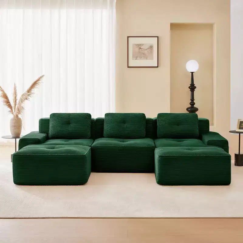 Divano modulare a U moderno 117 in tessuto a coste per soggiorno, divano a 3 posti con seduta profonda e 2 pouf, color cammello