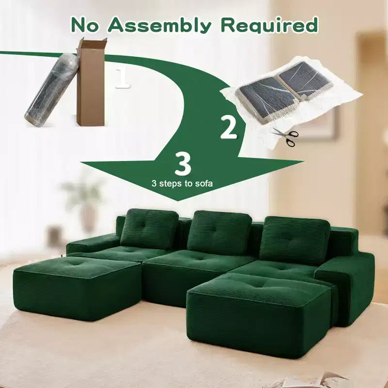 Divano modulare a U moderno 117 in tessuto a coste per soggiorno, divano a 3 posti con seduta profonda e 2 pouf, color cammello