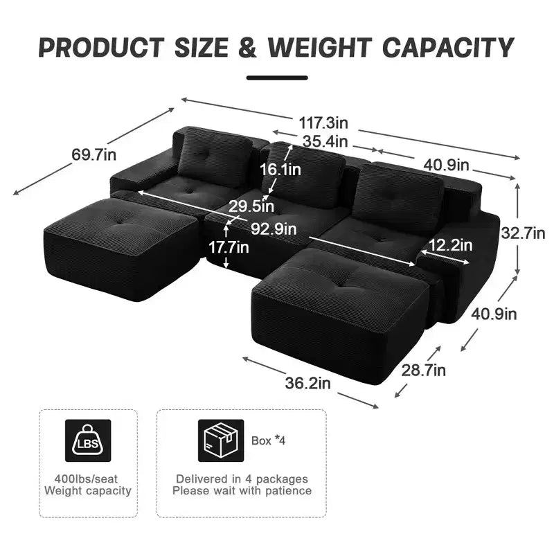 Divano modulare a U moderno 117 in tessuto a coste per soggiorno, divano a 3 posti con seduta profonda e 2 pouf, color cammello