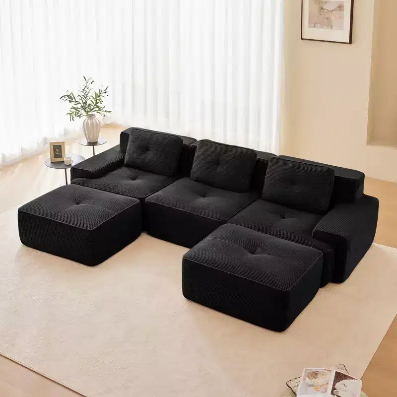 Divano modulare a U moderno 117 in tessuto a coste per soggiorno, divano a 3 posti con seduta profonda e 2 pouf, color cammello