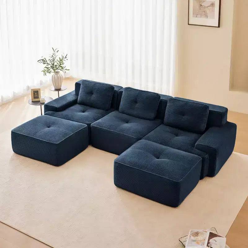 Divano modulare a U moderno 117 in tessuto a coste per soggiorno, divano a 3 posti con seduta profonda e 2 pouf, color cammello