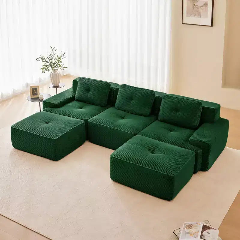 Divano modulare a U moderno 117 in tessuto a coste per soggiorno, divano a 3 posti con seduta profonda e 2 pouf, color cammello