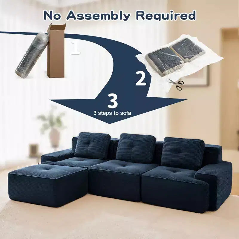 Divano componibile moderno a L 117 per soggiorno, in tessuto a coste, divano a 3 posti con seduta profonda e pouf mobile, color cammello