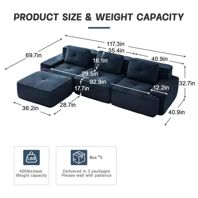 Divano componibile moderno a L 117 per soggiorno, in tessuto a coste, divano a 3 posti con seduta profonda e pouf mobile, color cammello