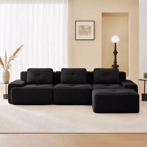 Divano componibile moderno a L 117 per soggiorno, in tessuto a coste, divano a 3 posti con seduta profonda e pouf mobile, color cammello