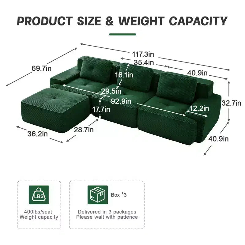 Divano componibile moderno a L 117 per soggiorno, in tessuto a coste, divano a 3 posti con seduta profonda e pouf mobile, color cammello