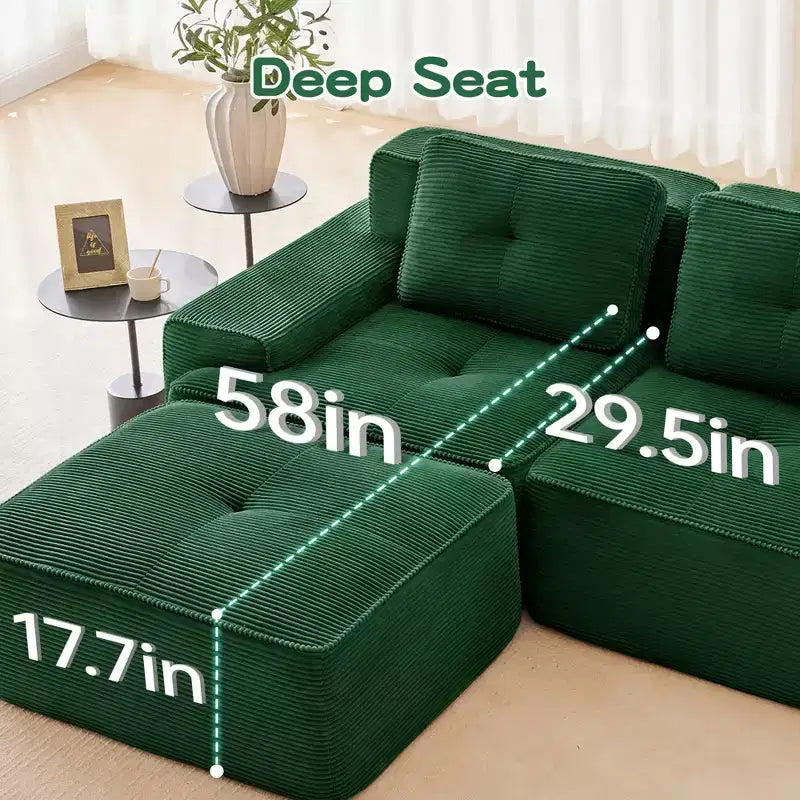 Divano componibile moderno a L 117 per soggiorno, in tessuto a coste, divano a 3 posti con seduta profonda e pouf mobile, color cammello