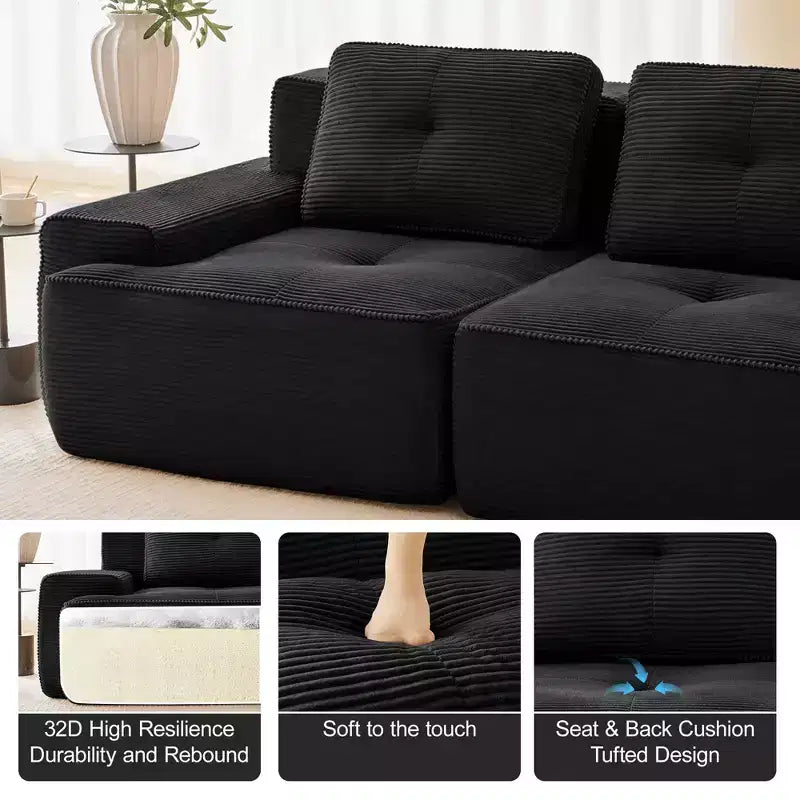 Divano componibile moderno a L 117 per soggiorno, in tessuto a coste, divano a 3 posti con seduta profonda e pouf mobile, color cammello