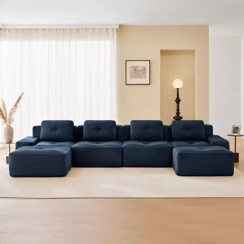 153 Divano Sezionale Modulare a U Moderno per Soggiorno, Tessuto in Velluto a Coste, Divano a 4 Posti con Seduta Profonda e 2 Pouf Mobili, Cammello