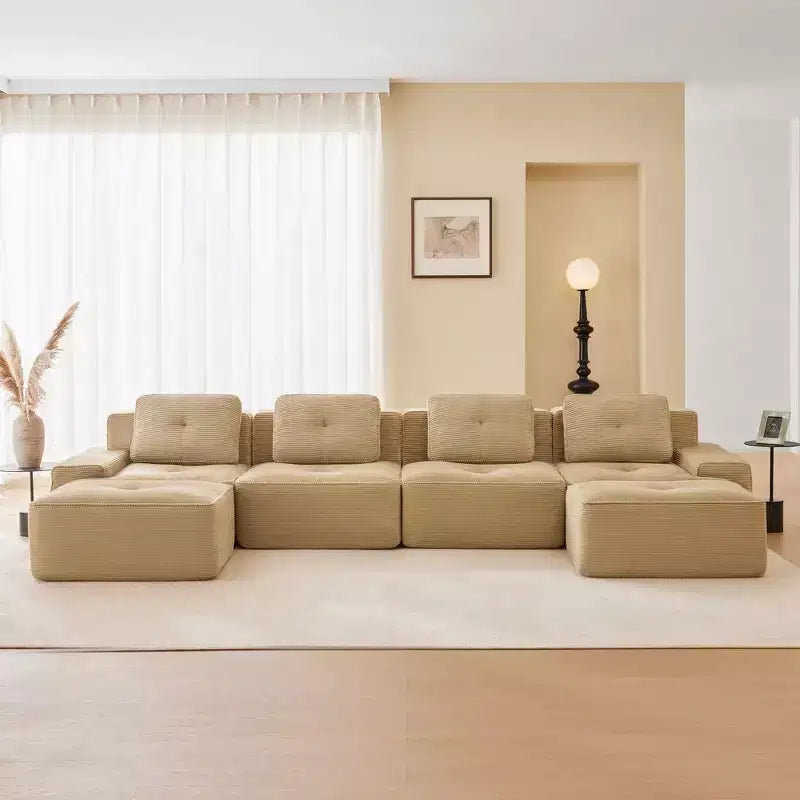 153 Divano Sezionale Modulare a U Moderno per Soggiorno, Tessuto in Velluto a Coste, Divano a 4 Posti con Seduta Profonda e 2 Pouf Mobili, Cammello