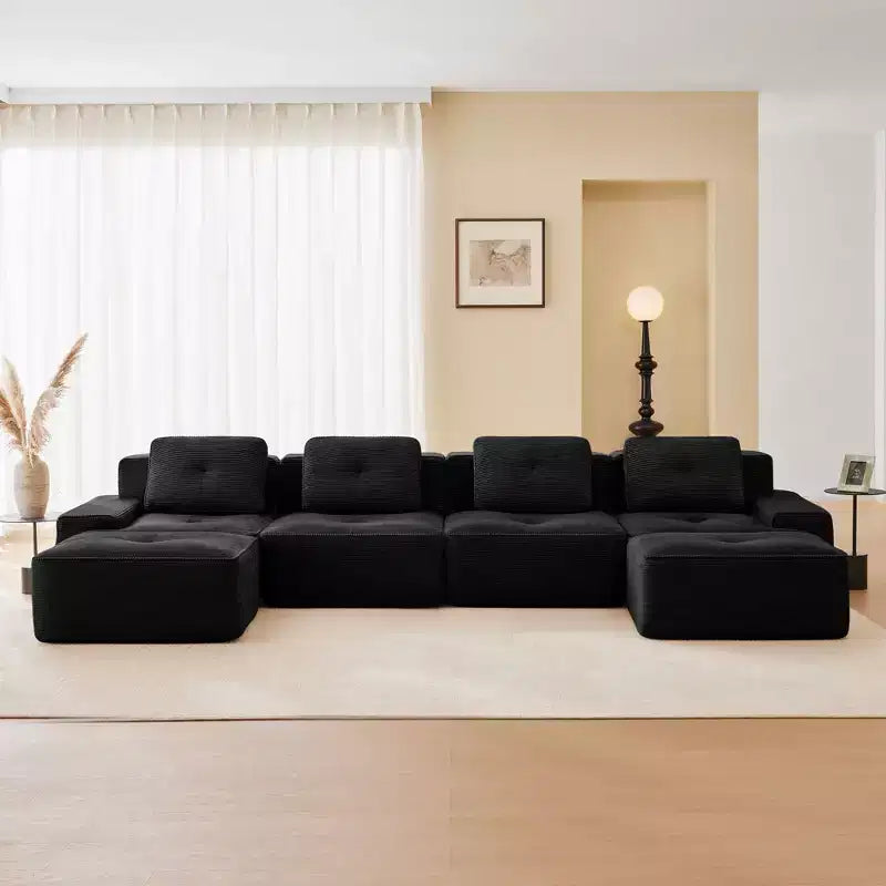 153 Divano Sezionale Modulare a U Moderno per Soggiorno, Tessuto in Velluto a Coste, Divano a 4 Posti con Seduta Profonda e 2 Pouf Mobili, Cammello