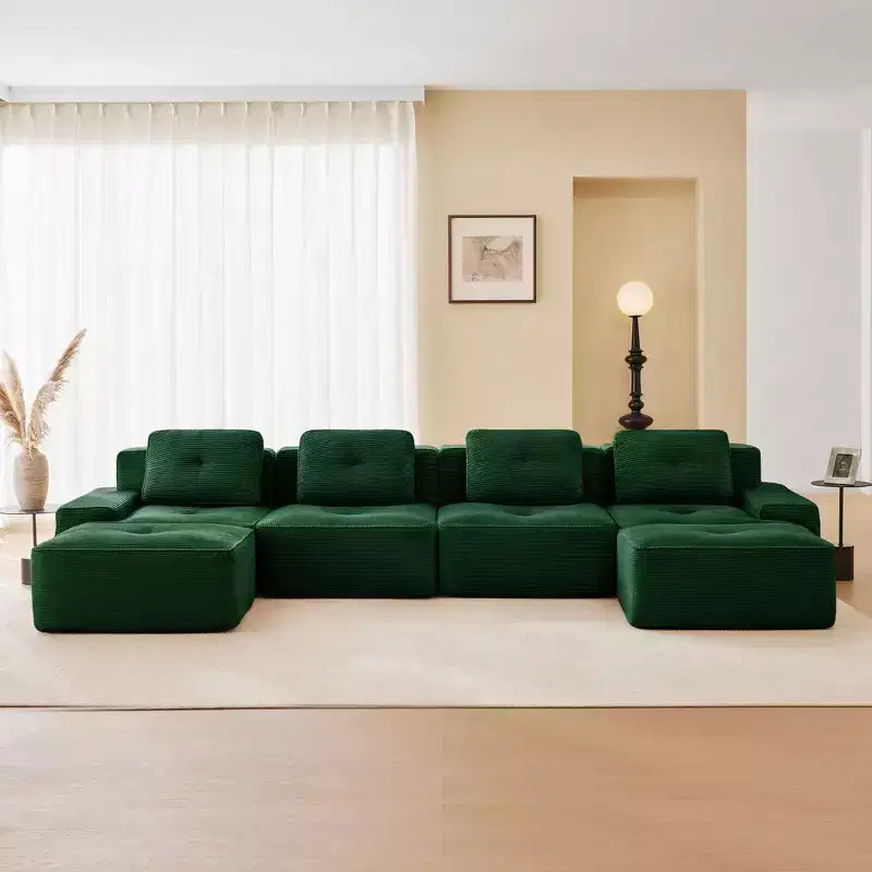 153 Divano Sezionale Modulare a U Moderno per Soggiorno, Tessuto in Velluto a Coste, Divano a 4 Posti con Seduta Profonda e 2 Pouf Mobili, Cammello