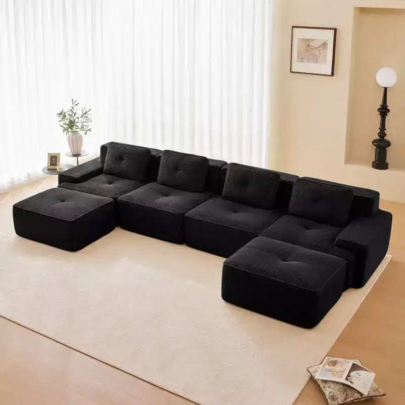 153 Divano Sezionale Modulare a U Moderno per Soggiorno, Tessuto in Velluto a Coste, Divano a 4 Posti con Seduta Profonda e 2 Pouf Mobili, Cammello