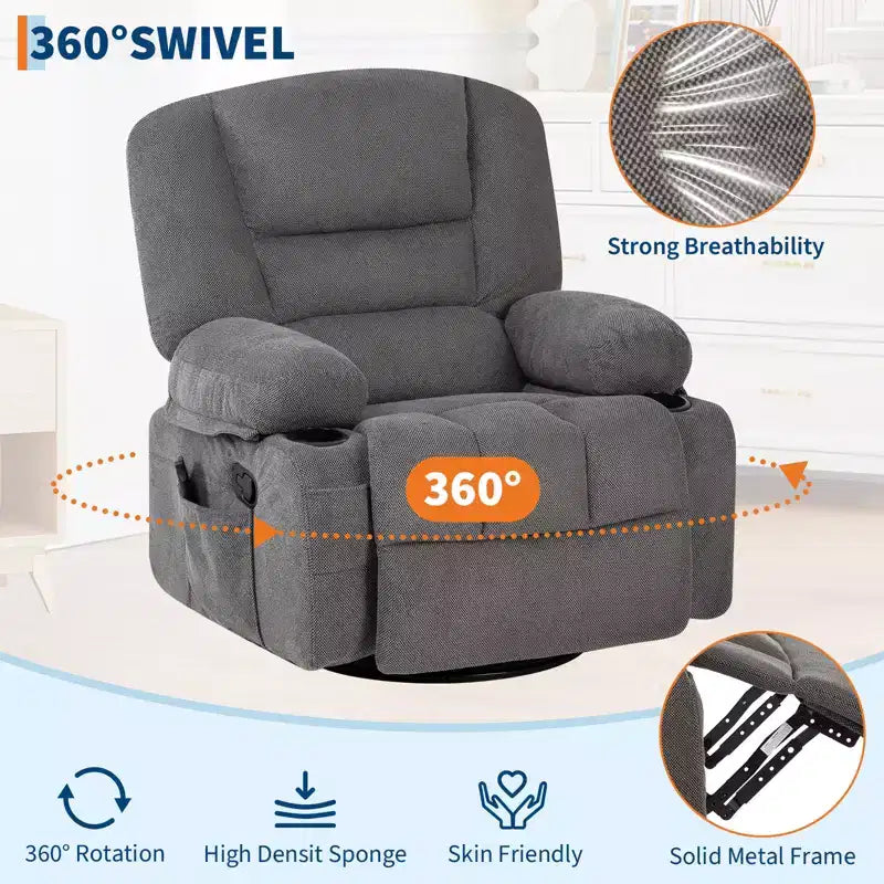 Acekool Poltrona Reclinabile con Massaggio e Riscaldamento, Girevole a 360°, Extra Larga, in ciniglia o PU, per Soggiorno e Camera da Letto