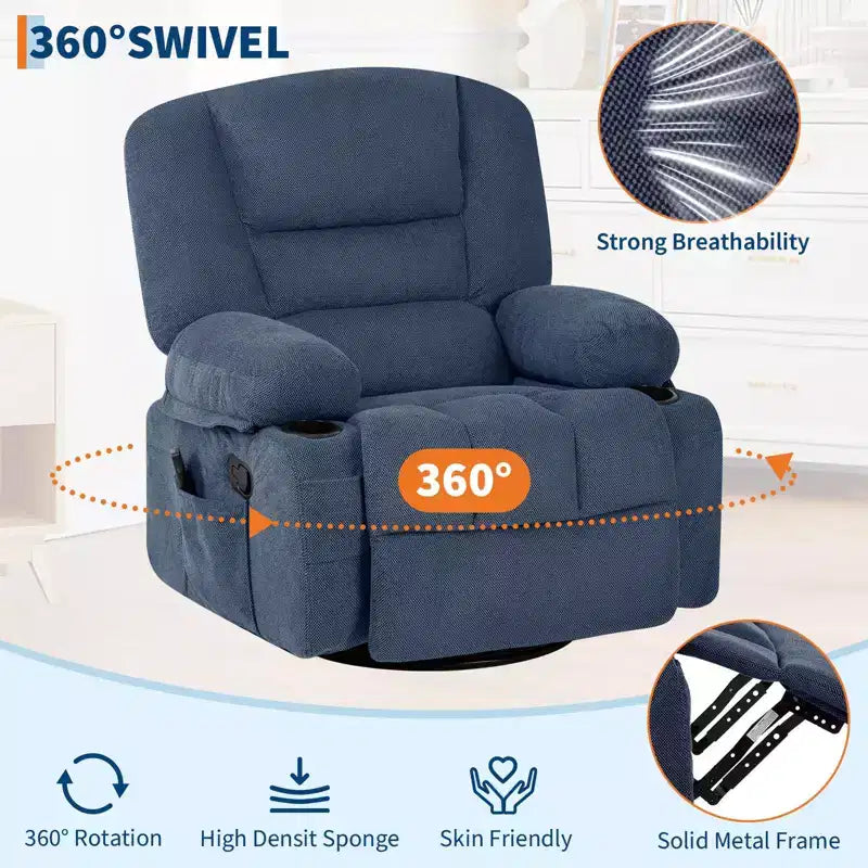 Acekool Poltrona Reclinabile con Massaggio e Riscaldamento, Girevole a 360°, Extra Larga, in ciniglia o PU, per Soggiorno e Camera da Letto