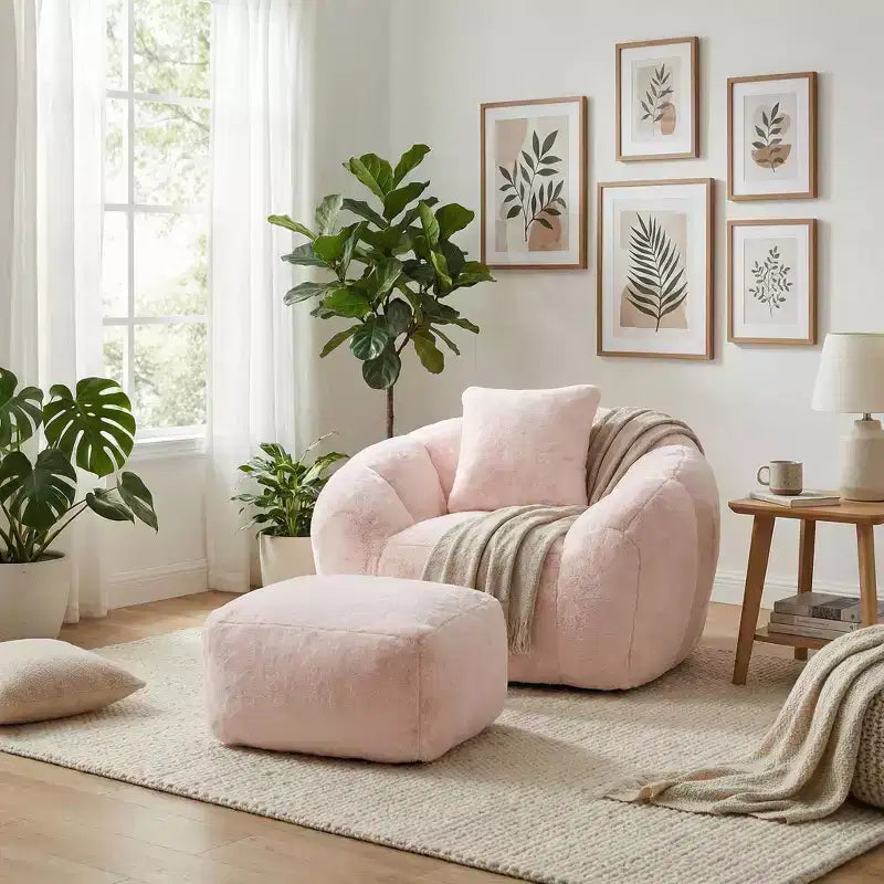 Poltrona con poggiapiedi in tessuto Teddy, comoda poltrona lounge e pouf per soggiorno, camera da letto o angolo lettura