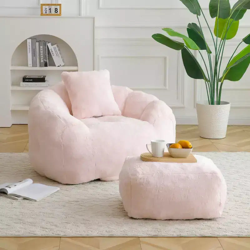 Poltrona con poggiapiedi in tessuto Teddy, comoda poltrona lounge e pouf per soggiorno, camera da letto o angolo lettura