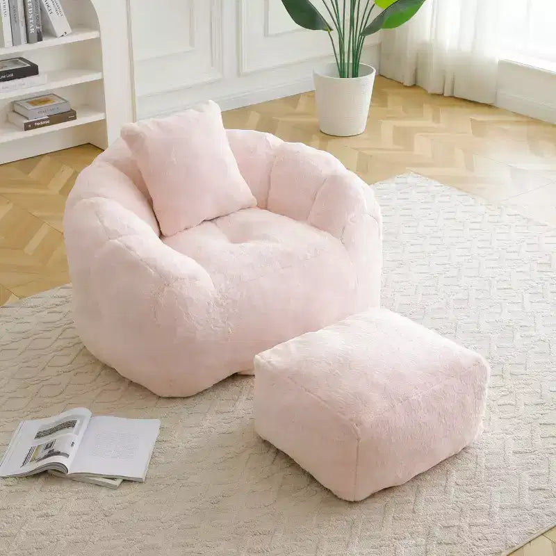Poltrona con poggiapiedi in tessuto Teddy, comoda poltrona lounge e pouf per soggiorno, camera da letto o angolo lettura
